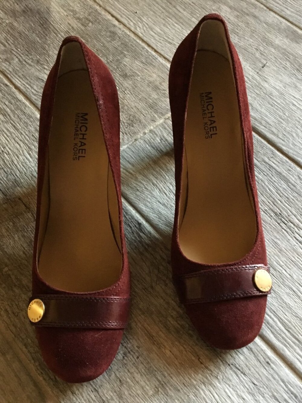 Michael Kors Burgundy Suede Buckle Button Pumps, Size 8.5B